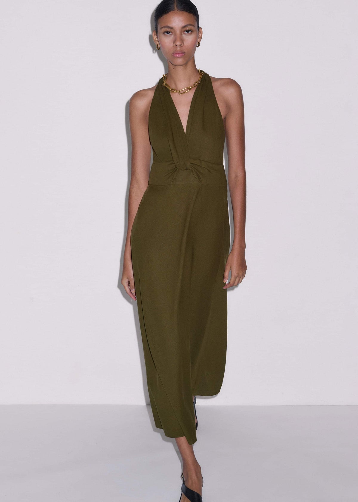 Olive Green Crease-Less Linen Twist Front Maxi Dress | ME+EM Clothing