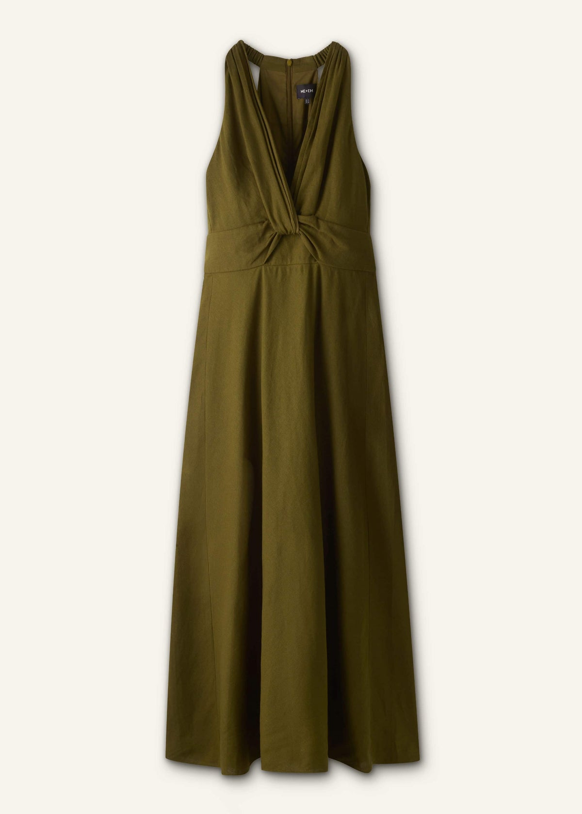 Olive Green Crease-Less Linen Twist Front Maxi Dress | ME+EM Clothing