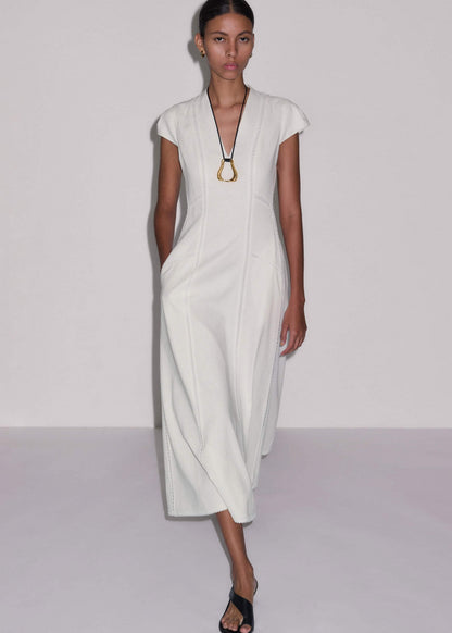 White Crease-Less Linen Embroidered Maxi Dress | ME+EM Clothing