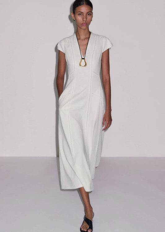 White Crease-Less Linen Embroidered Maxi Dress | ME+EM Clothing