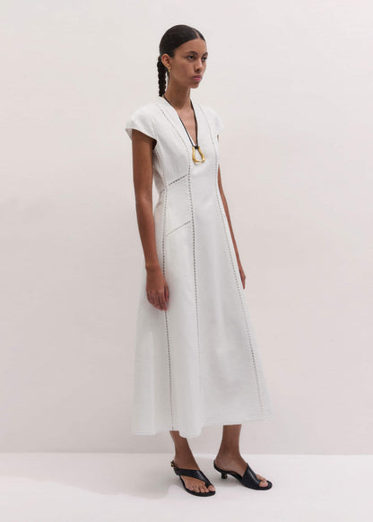 White Crease-Less Linen Embroidered Maxi Dress | ME+EM Clothing