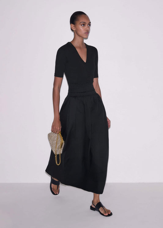 Black V-Neck Smocked Skirt Mixed Media Maxi Dress | ME+EM Clothing