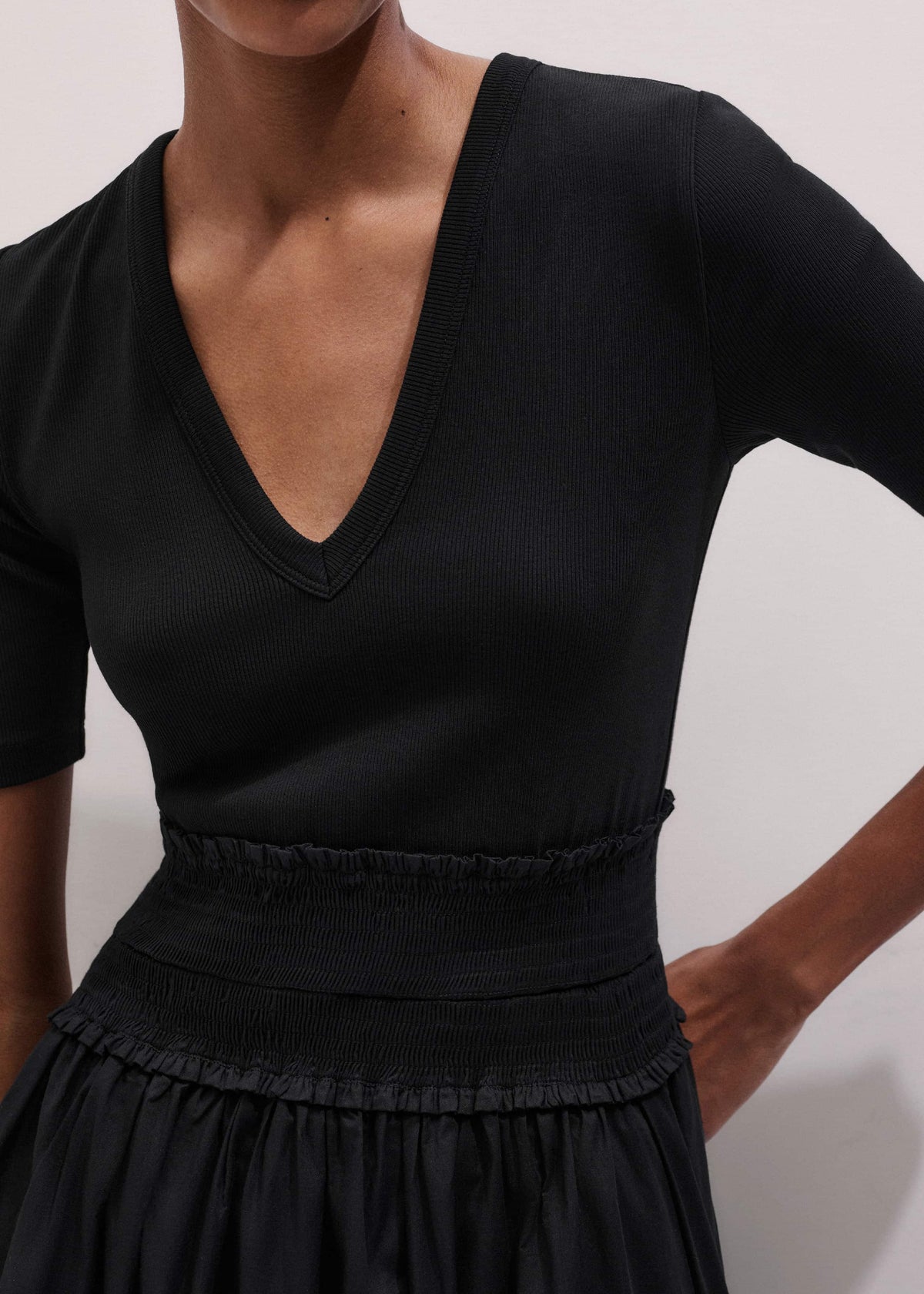 Black V-Neck Smocked Skirt Mixed Media Maxi Dress | ME+EM Clothing