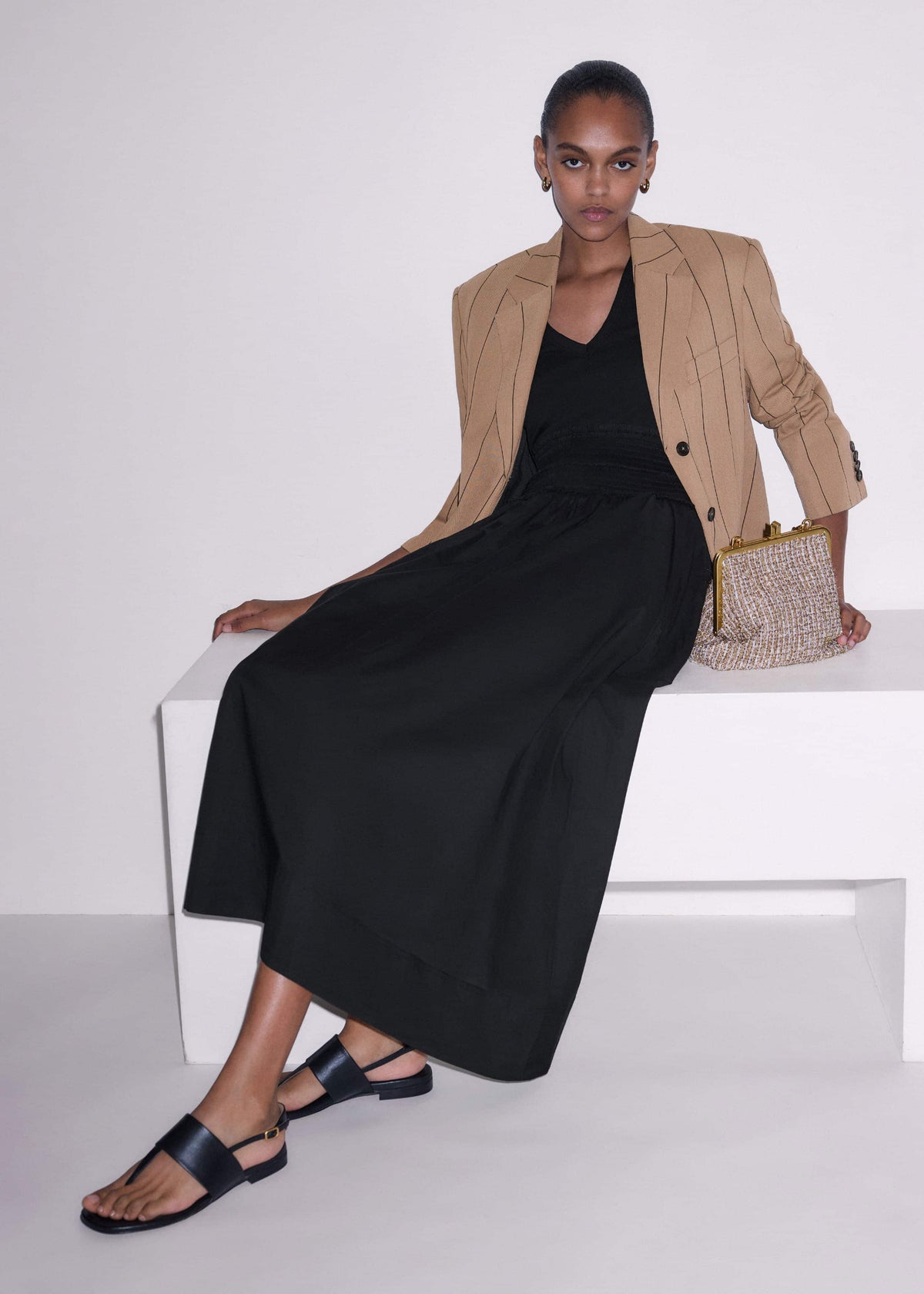 Black V-Neck Smocked Skirt Mixed Media Maxi Dress | ME+EM Clothing