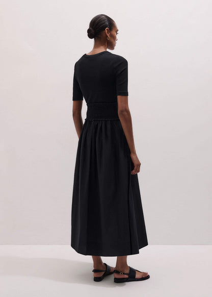 Black V-Neck Smocked Skirt Mixed Media Maxi Dress | ME+EM Clothing