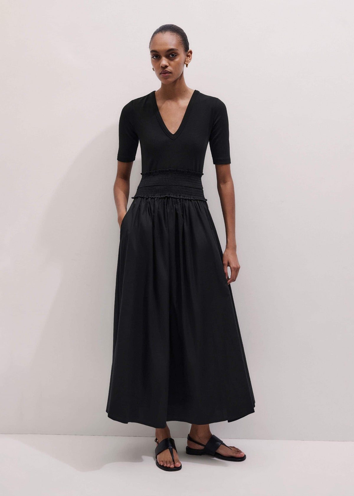 Black V-Neck Smocked Skirt Mixed Media Maxi Dress | ME+EM Clothing