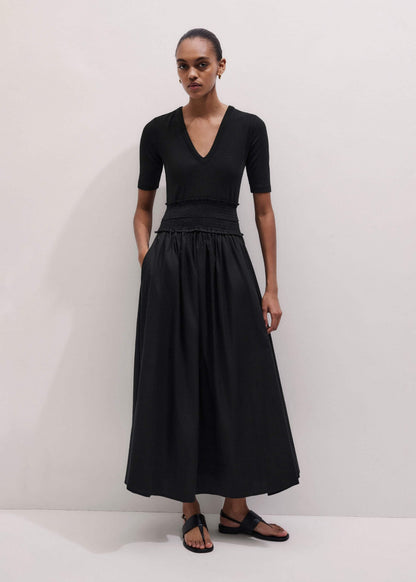 Black V-Neck Smocked Skirt Mixed Media Maxi Dress | ME+EM Clothing