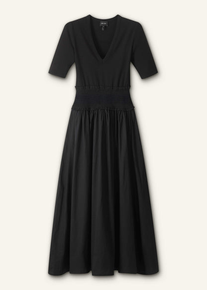 Black V-Neck Smocked Skirt Mixed Media Maxi Dress | ME+EM Clothing