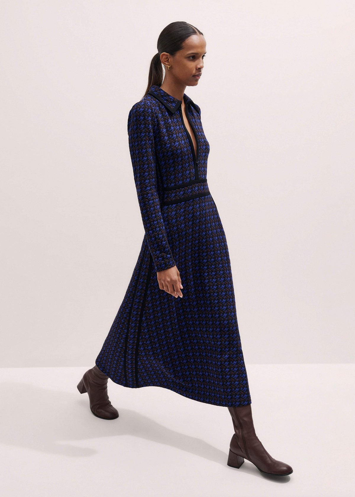 Navy Houndstooth Jacquard Ponte Zip Neck Maxi Dress | ME+EM Clothing