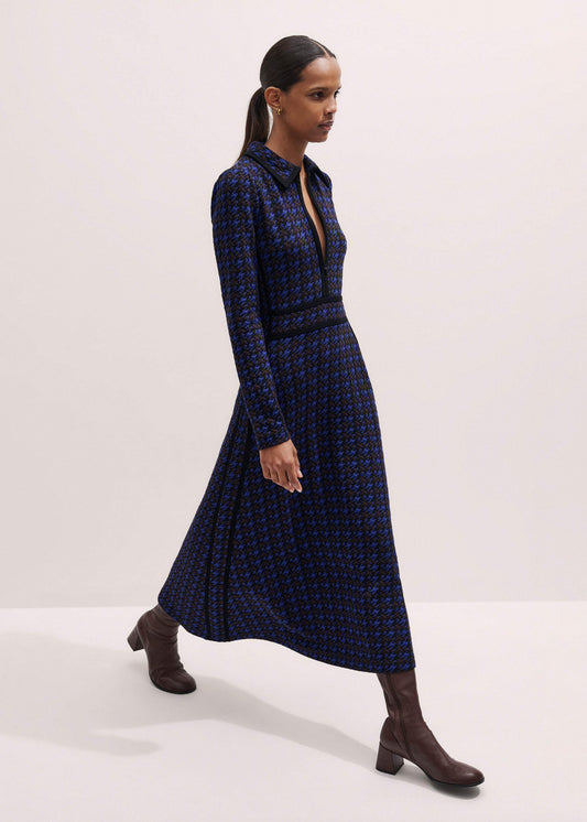 Navy Houndstooth Jacquard Ponte Zip Neck Maxi Dress | ME+EM Clothing