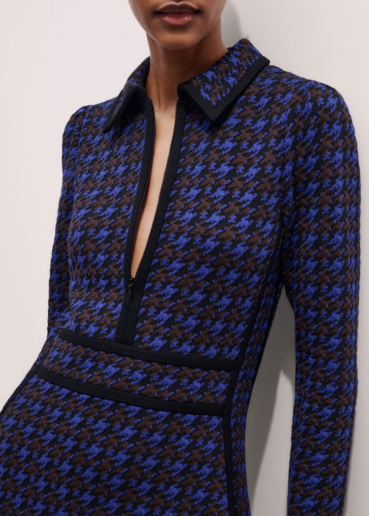 Navy Houndstooth Jacquard Ponte Zip Neck Maxi Dress | ME+EM Clothing