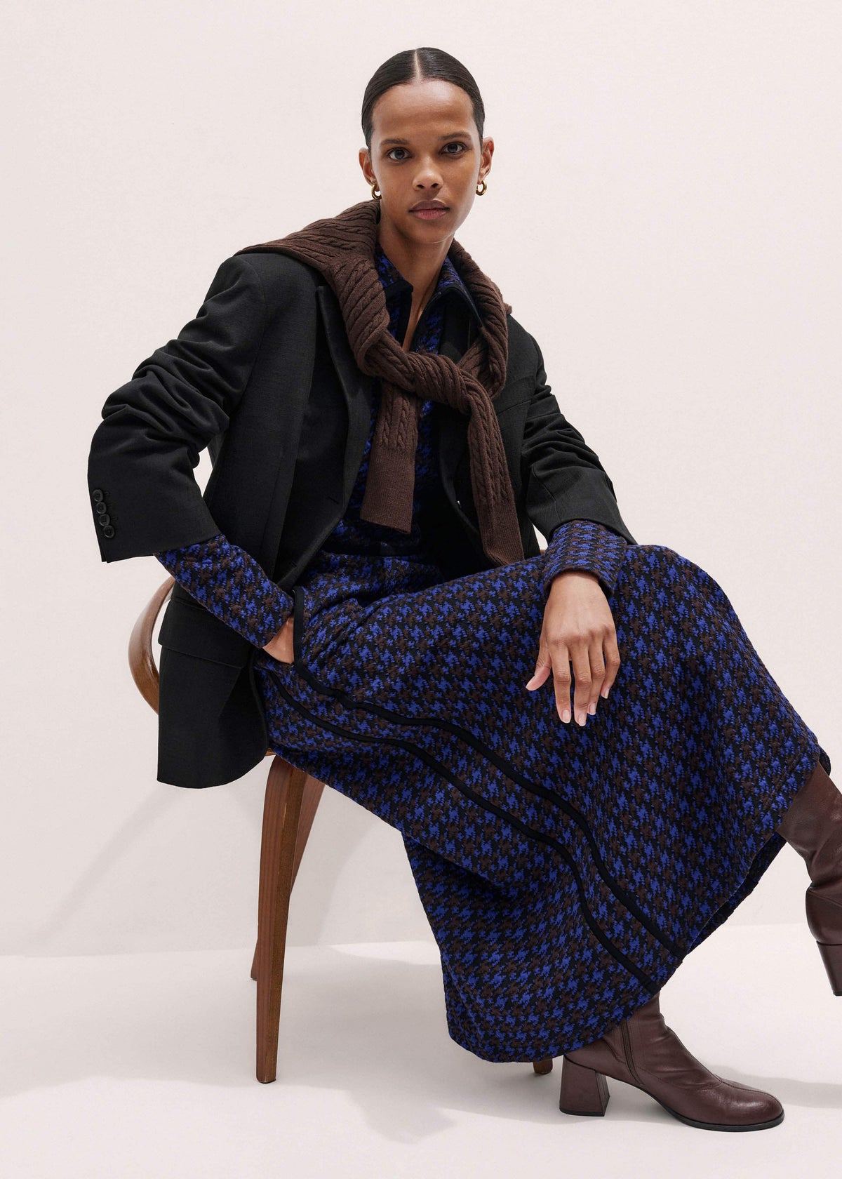 Navy Houndstooth Jacquard Ponte Zip Neck Maxi Dress | ME+EM Clothing