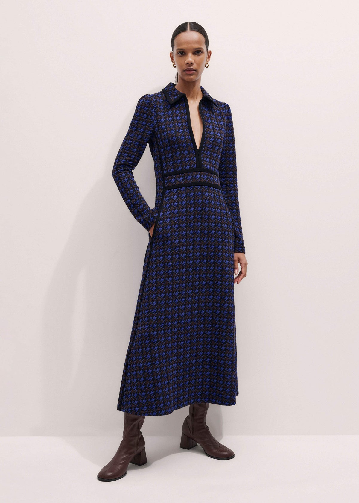 Navy Houndstooth Jacquard Ponte Zip Neck Maxi Dress | ME+EM Clothing