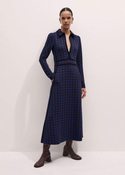 Navy Houndstooth Jacquard Ponte Zip Neck Maxi Dress | ME+EM Clothing