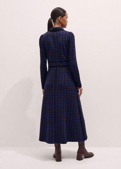 Navy Houndstooth Jacquard Ponte Zip Neck Maxi Dress | ME+EM Clothing