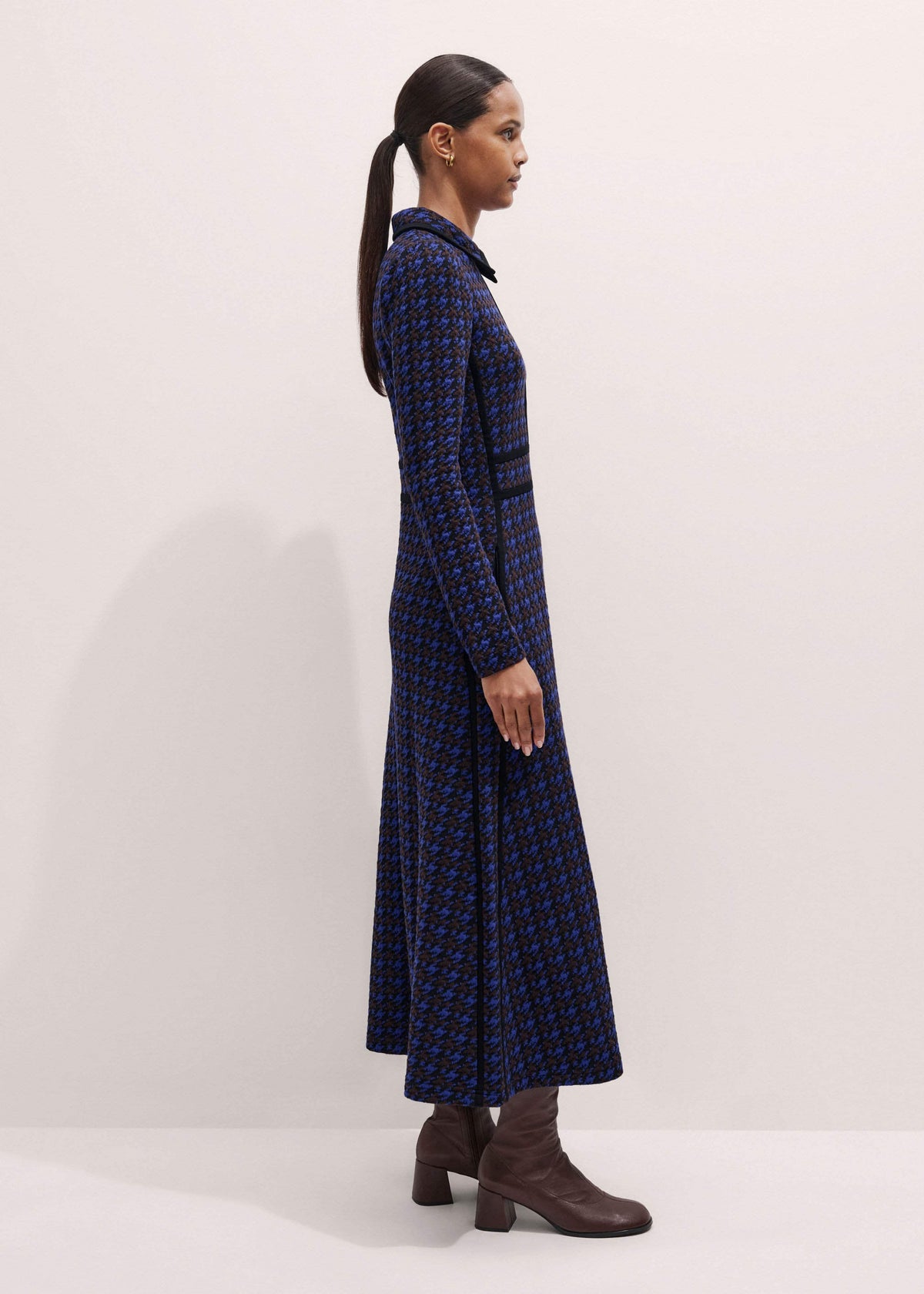 Navy Houndstooth Jacquard Ponte Zip Neck Maxi Dress | ME+EM Clothing