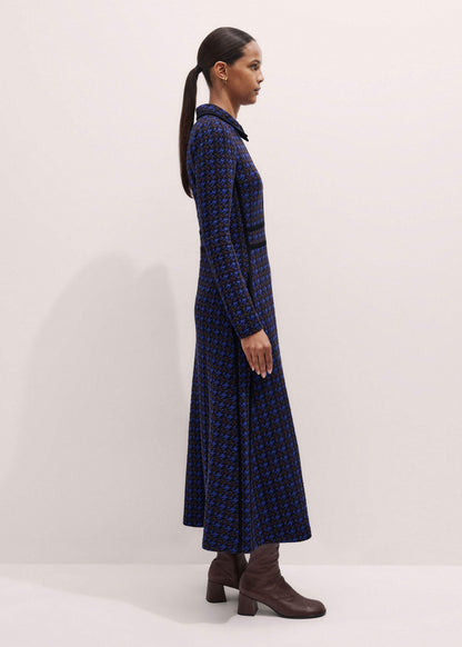 Navy Houndstooth Jacquard Ponte Zip Neck Maxi Dress | ME+EM Clothing