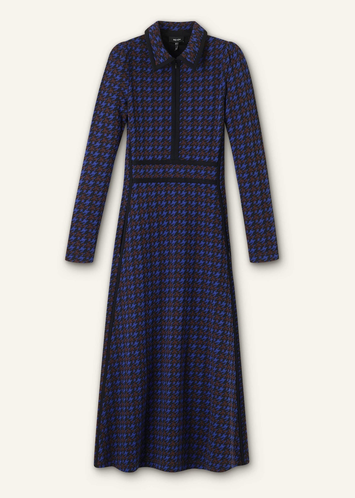Navy Houndstooth Jacquard Ponte Zip Neck Maxi Dress | ME+EM Clothing