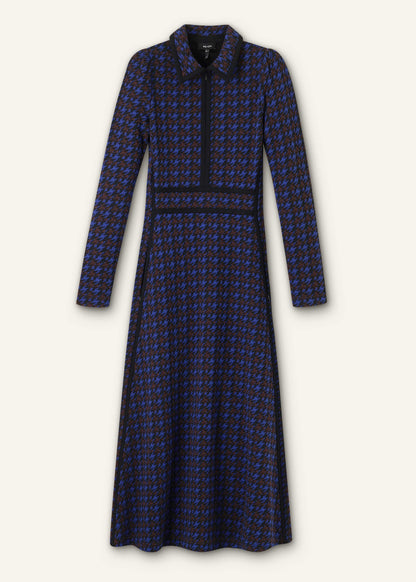 Navy Houndstooth Jacquard Ponte Zip Neck Maxi Dress | ME+EM Clothing
