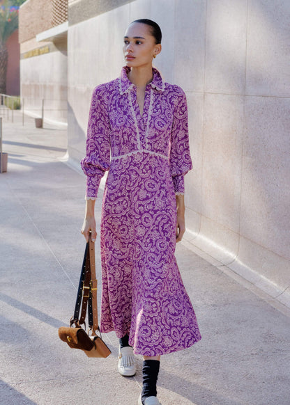 Purple Entangled Lace Print Fit + Flare Maxi Dress | ME+EM Clothing