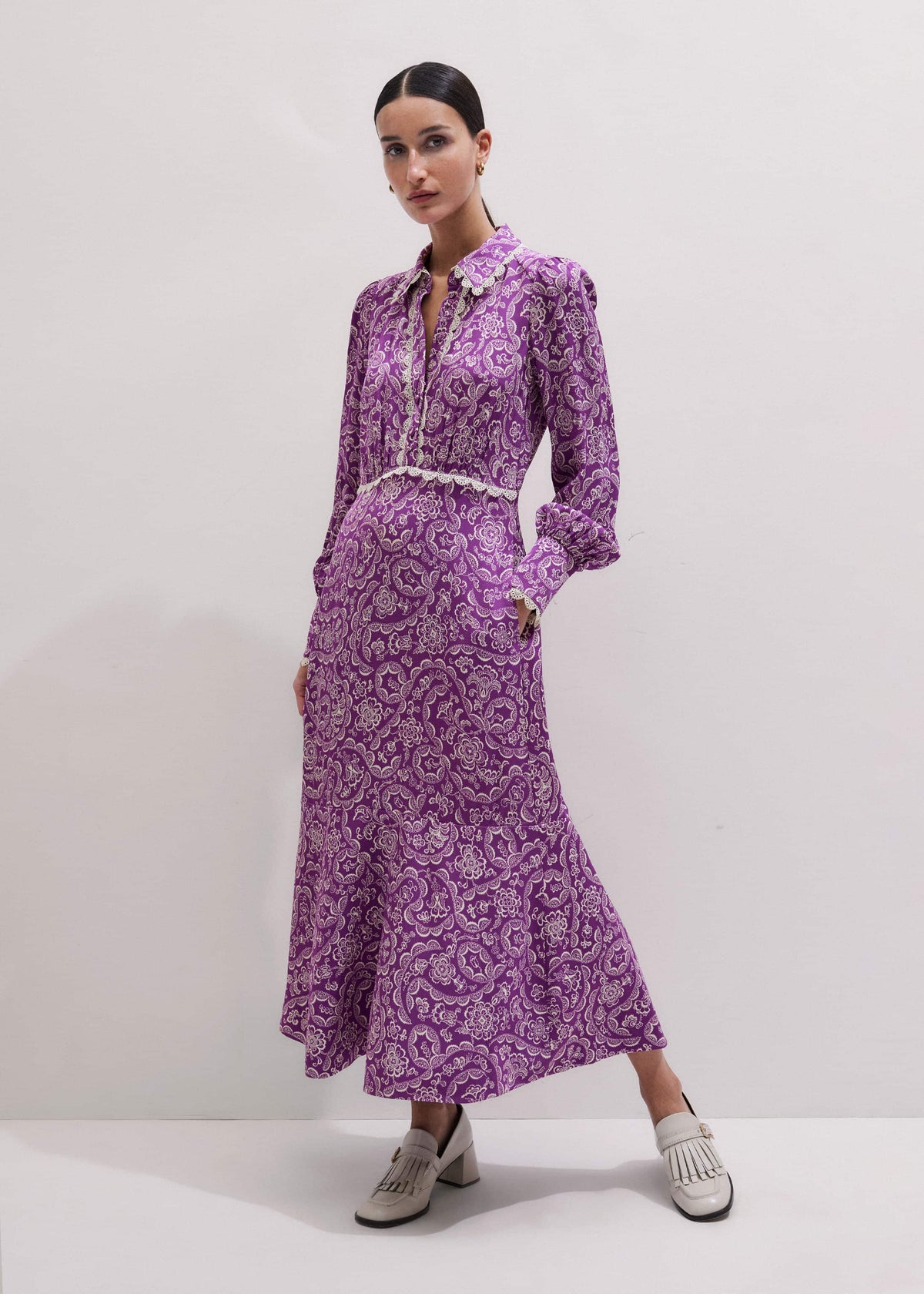 Purple Entangled Lace Print Fit + Flare Maxi Dress | ME+EM Clothing