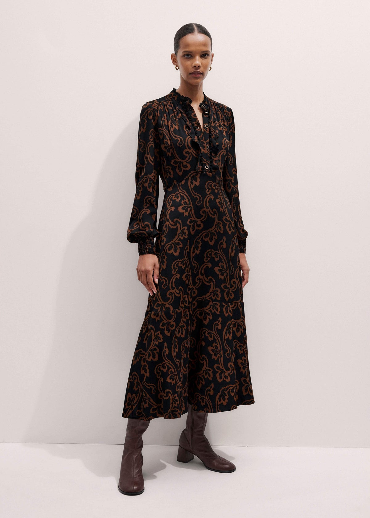 Black Floral Scroll Print Crepe Signature Maxi Dress | ME+EM Clothing