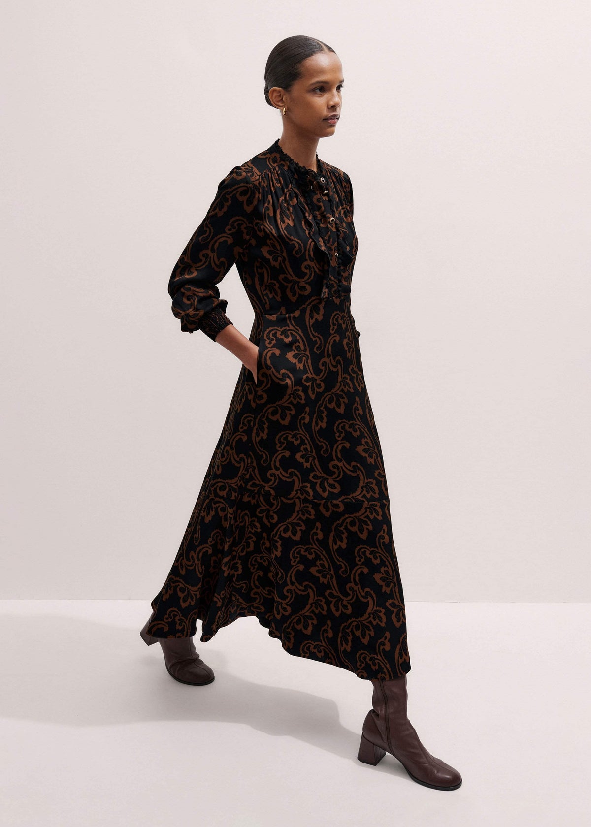 Black Floral Scroll Print Crepe Signature Maxi Dress | ME+EM Clothing