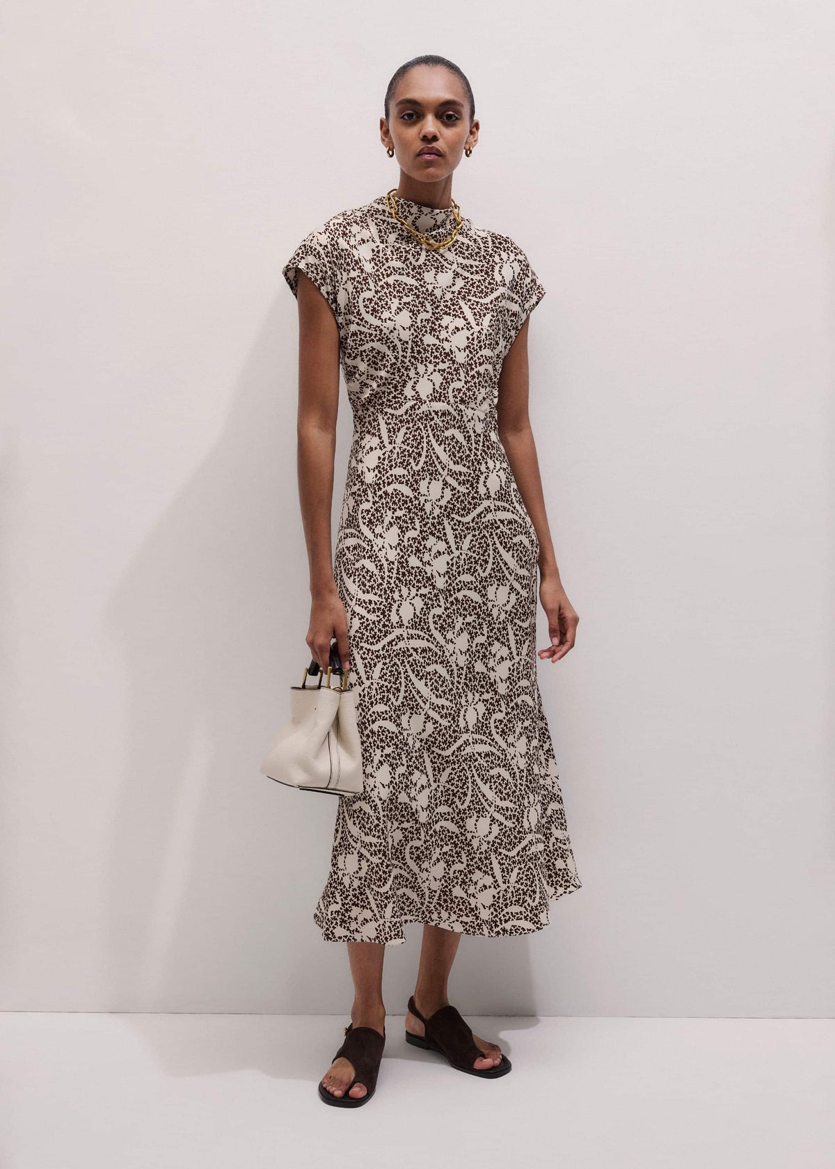 Brown Speckled Bloom Print Bias Cut Maxi Dress | ME+EM Clothing