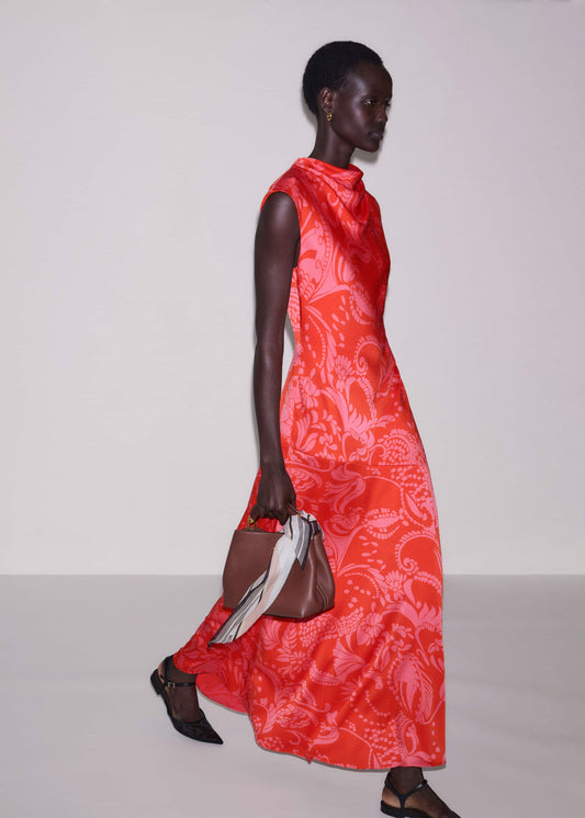 Orange Stylised Silhouette Print Bias Cut Full Length Dress | ME+EM Clothing