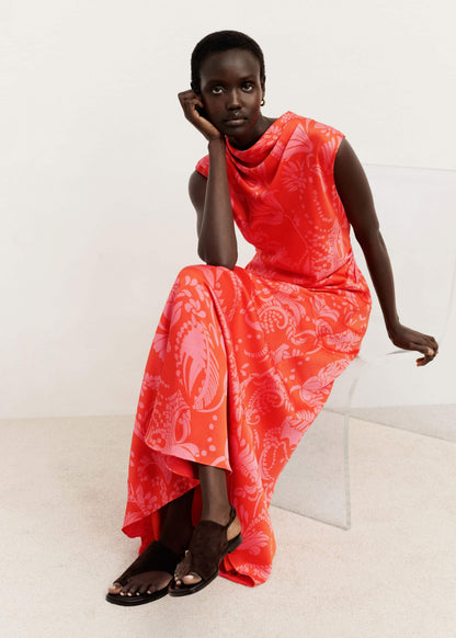 Orange Stylised Silhouette Print Bias Cut Full Length Dress | ME+EM Clothing