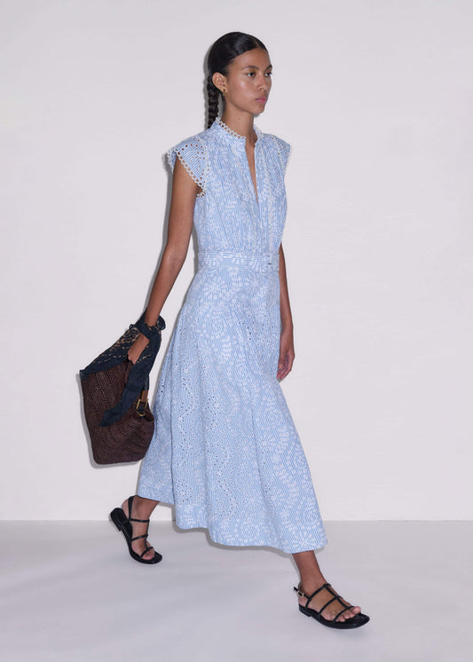 Blue Broderie Anglaise Fit + Flare Maxi Dress | ME+EM Clothing