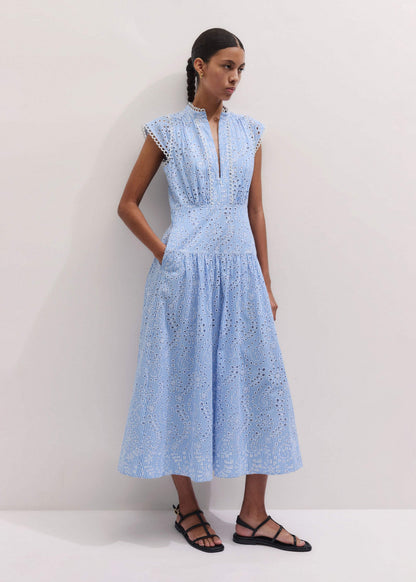 Blue Broderie Anglaise Fit + Flare Maxi Dress | ME+EM Clothing