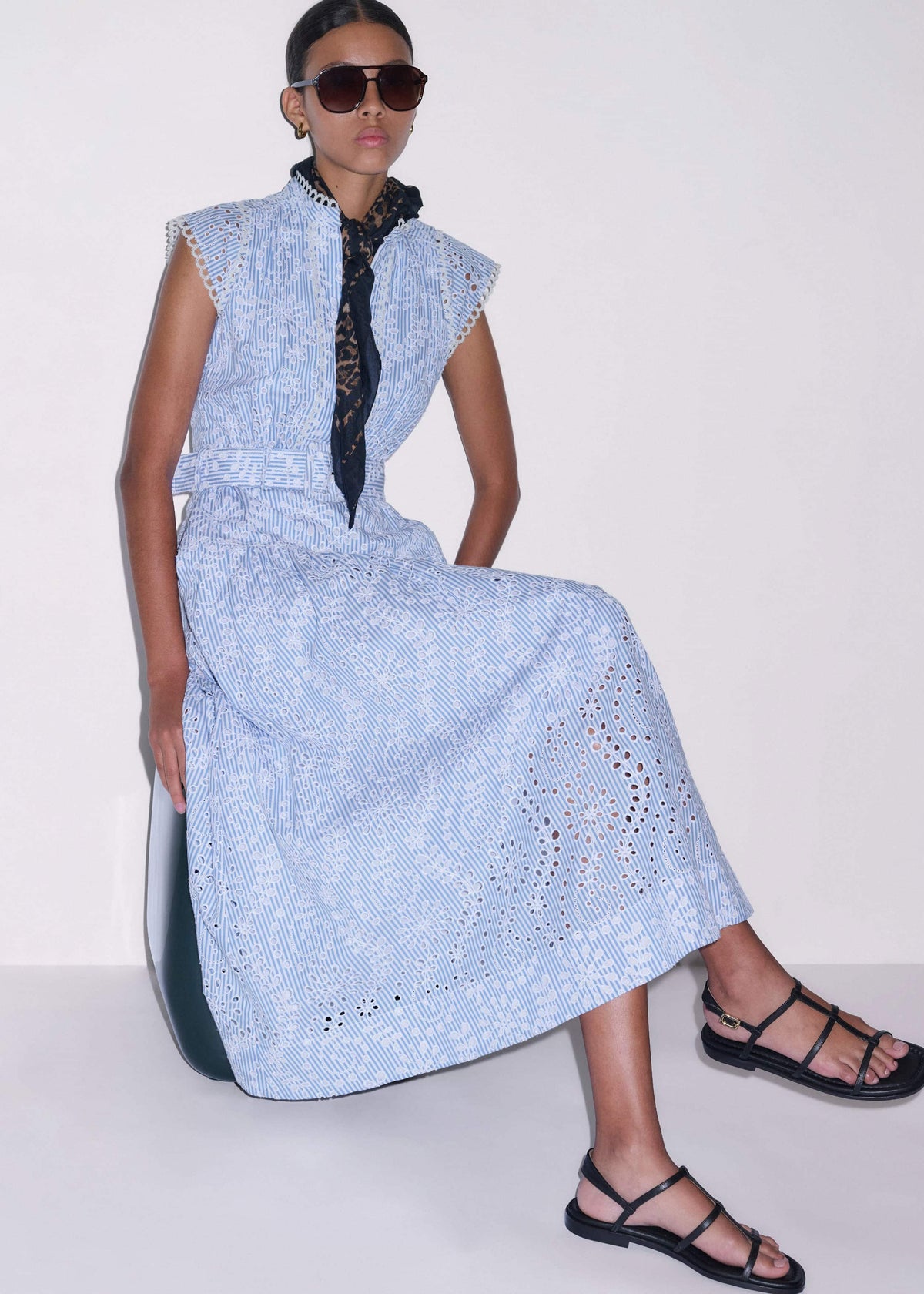 Blue Broderie Anglaise Fit + Flare Maxi Dress | ME+EM Clothing