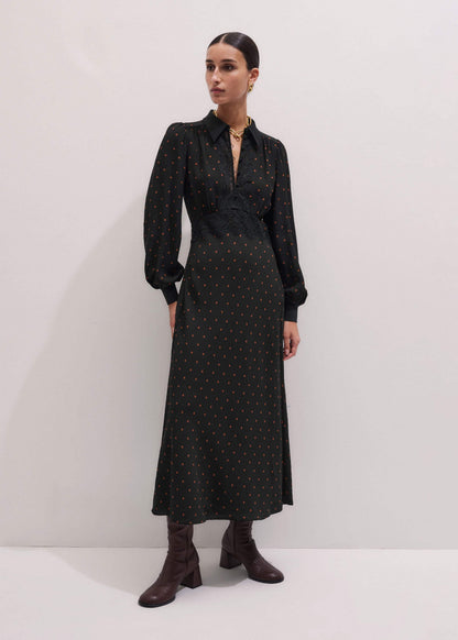 Black Winter Polka Dot Lace Trim Maxi Dress | ME+EM Clothing