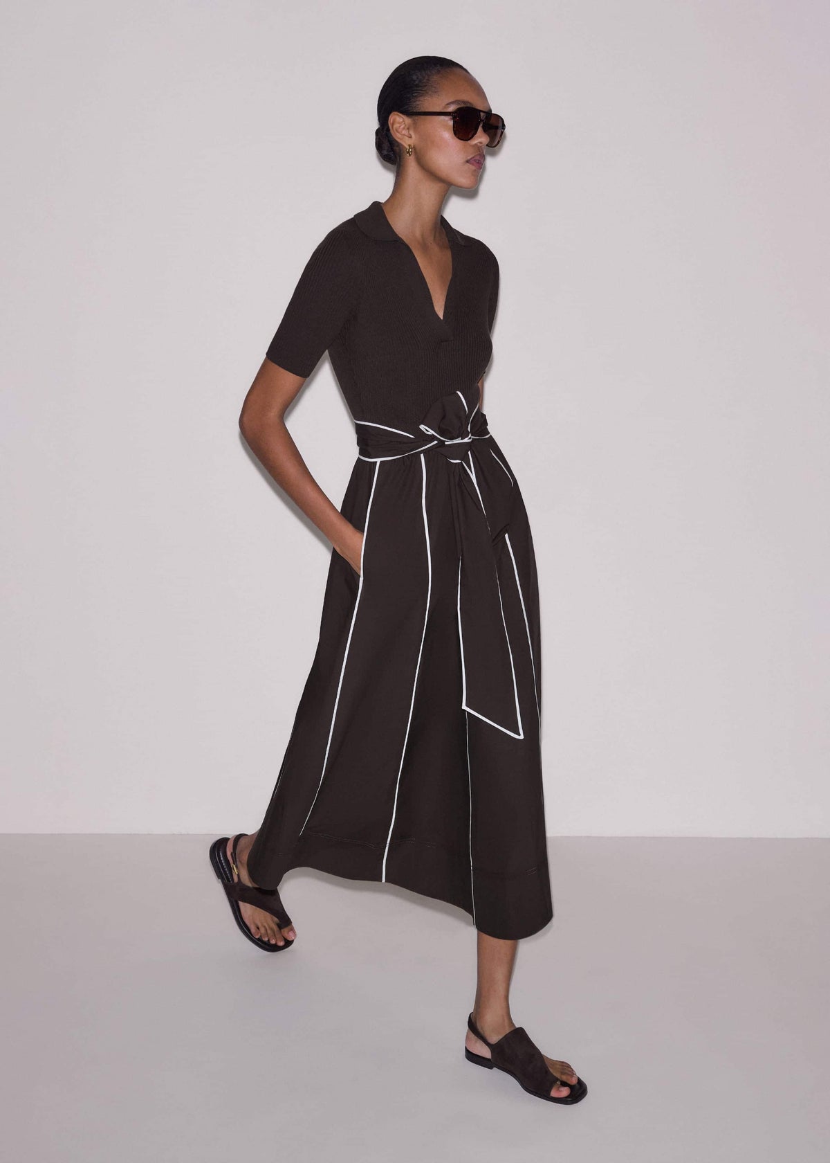 Brown Mixed Media Fit And Flare Midi Dress + Belt | ME+EM Clothing