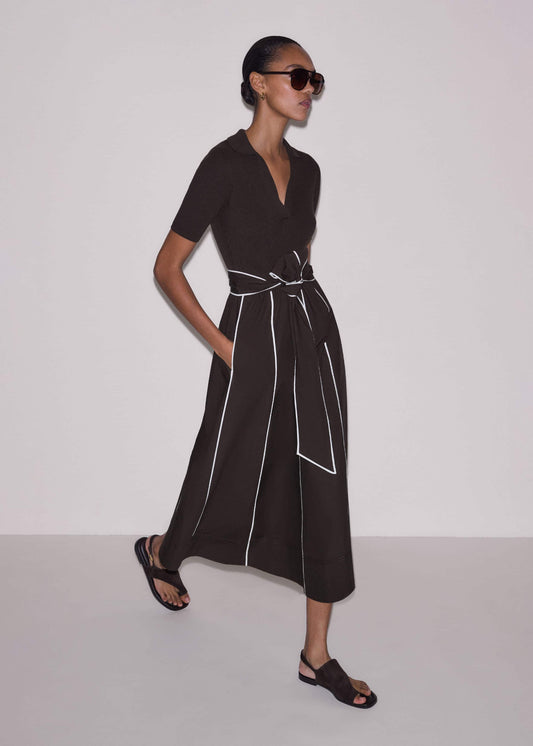 Brown Mixed Media Fit And Flare Midi Dress + Belt | ME+EM Clothing