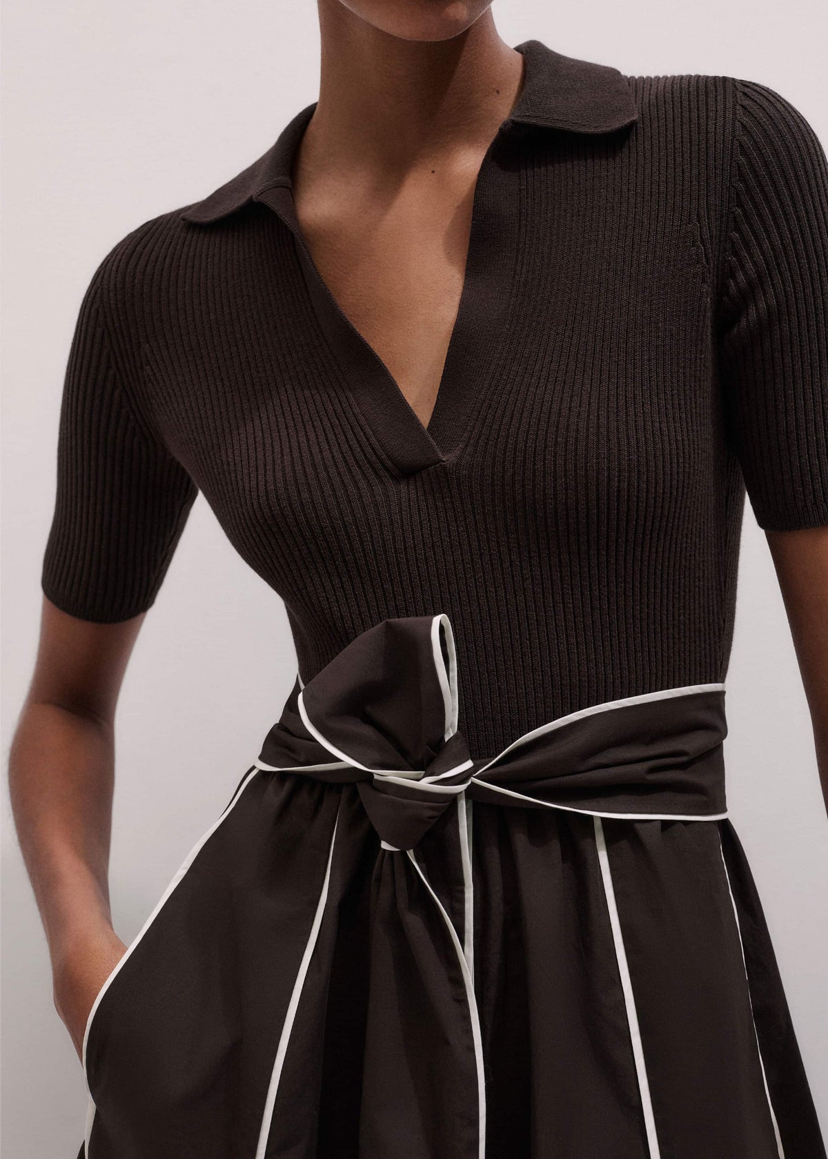 Brown Mixed Media Fit And Flare Midi Dress + Belt | ME+EM Clothing