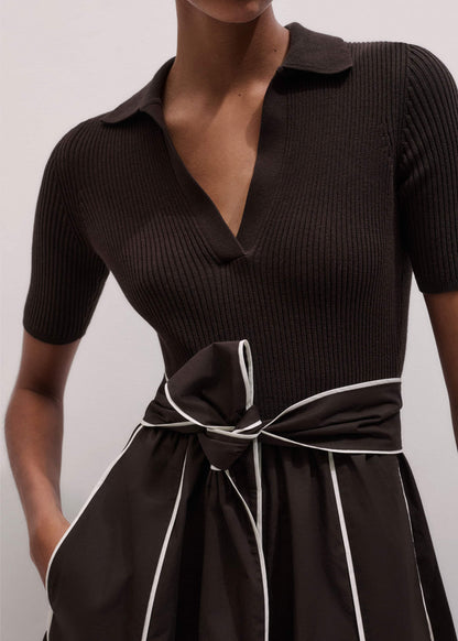 Brown Mixed Media Fit And Flare Midi Dress + Belt | ME+EM Clothing