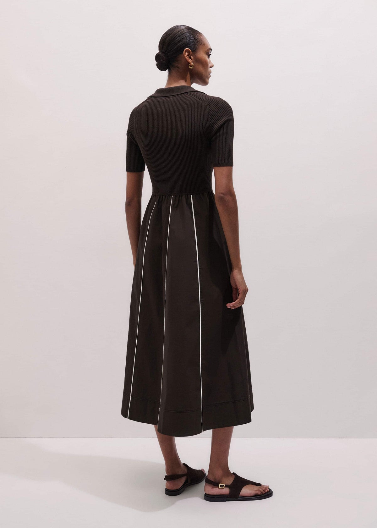 Brown Mixed Media Fit And Flare Midi Dress + Belt | ME+EM Clothing