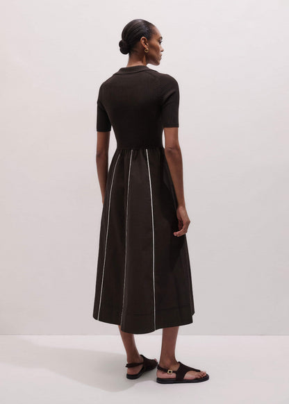 Brown Mixed Media Fit And Flare Midi Dress + Belt | ME+EM Clothing