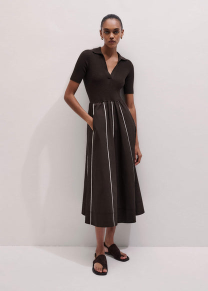 Brown Mixed Media Fit And Flare Midi Dress + Belt | ME+EM Clothing