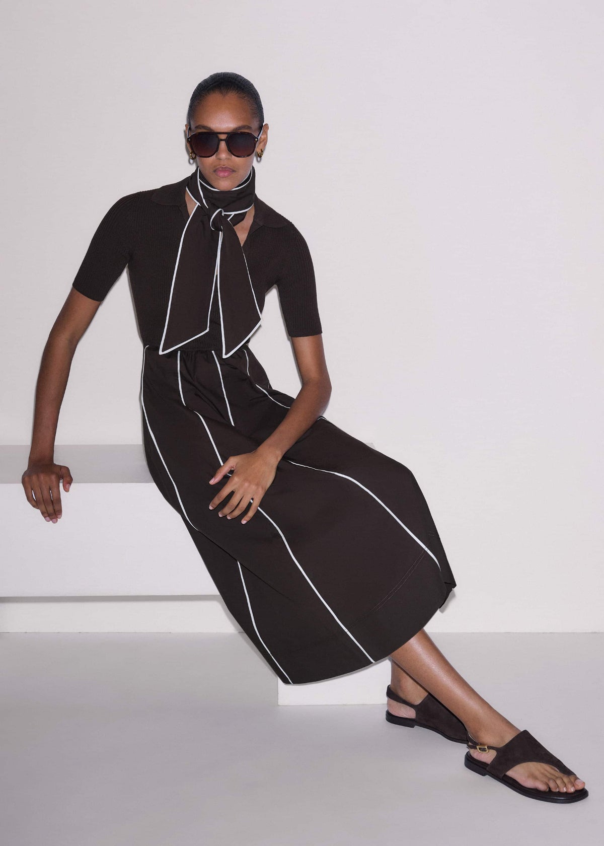 Brown Mixed Media Fit And Flare Midi Dress + Belt | ME+EM Clothing