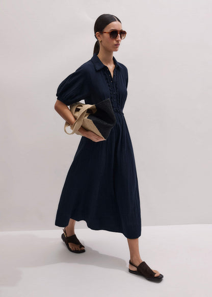 Navy Cheesecloth Intricate Detail Fit + Flare Midi Dress | ME+EM Clothing