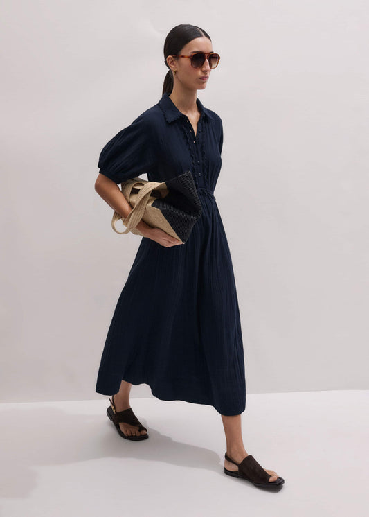 Navy Cheesecloth Intricate Detail Fit + Flare Midi Dress | ME+EM Clothing