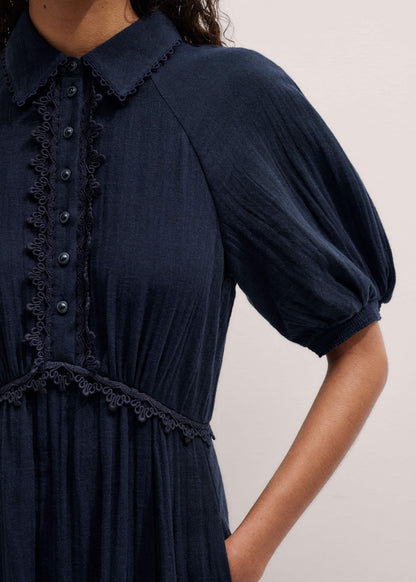 Navy Cheesecloth Intricate Detail Fit + Flare Midi Dress | ME+EM Clothing