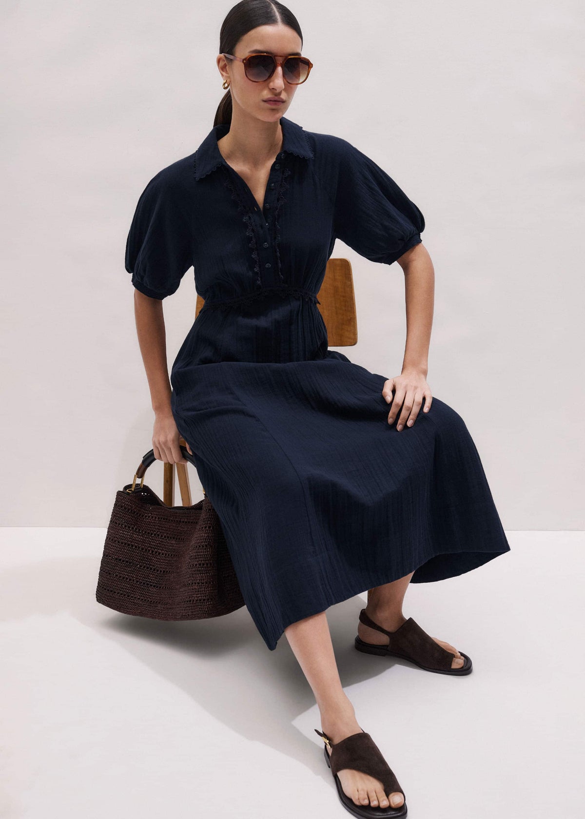 Navy Cheesecloth Intricate Detail Fit + Flare Midi Dress | ME+EM Clothing