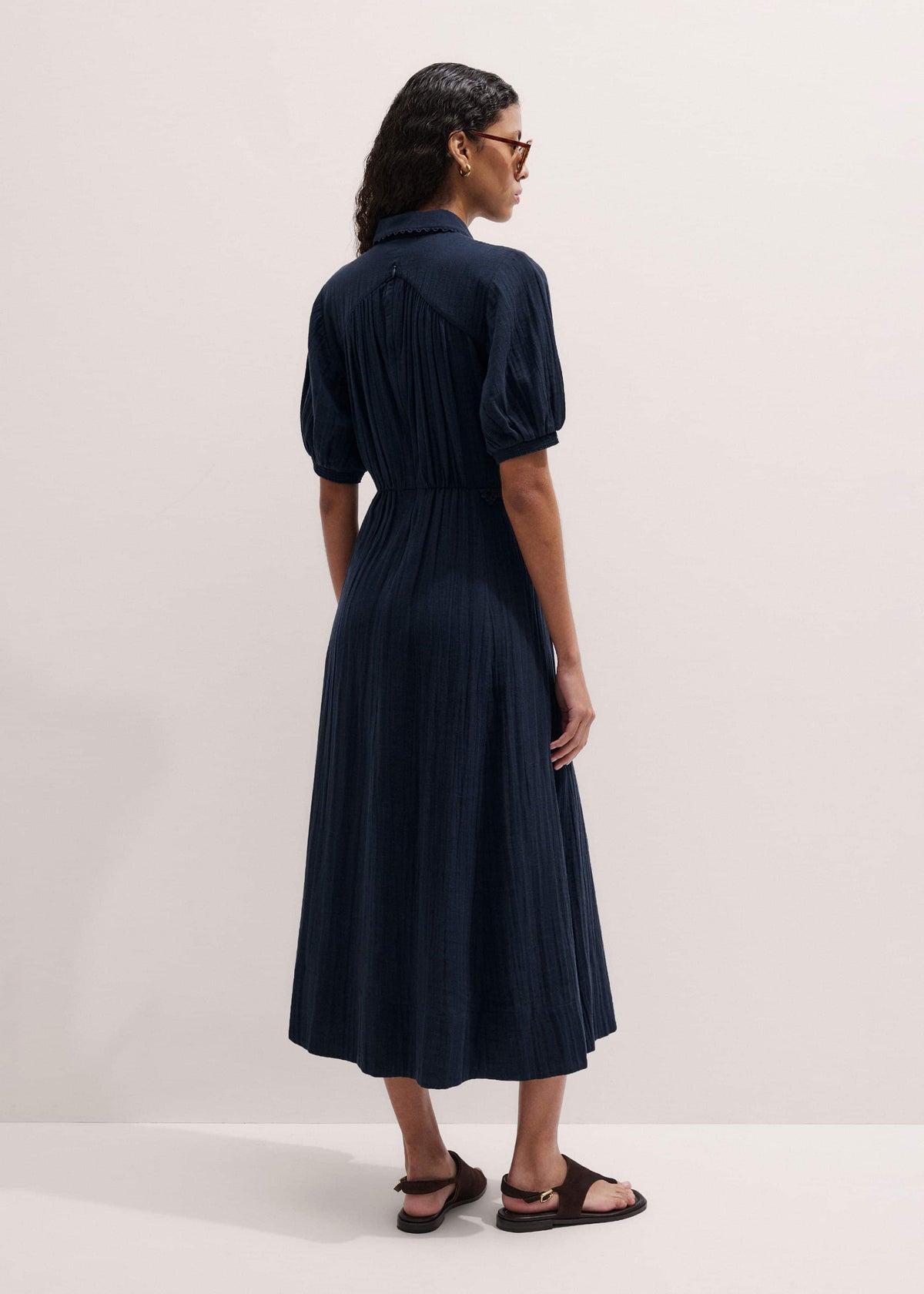 Navy Cheesecloth Intricate Detail Fit + Flare Midi Dress | ME+EM Clothing