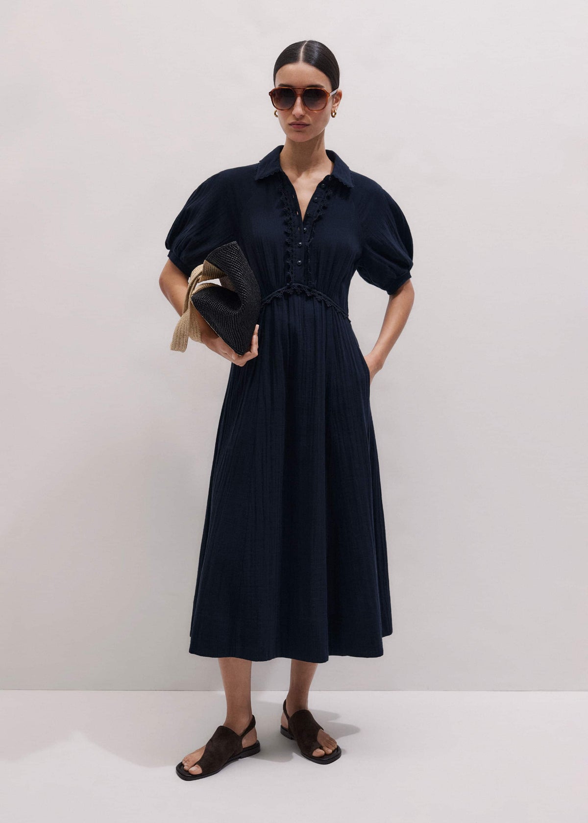 Navy Cheesecloth Intricate Detail Fit + Flare Midi Dress | ME+EM Clothing