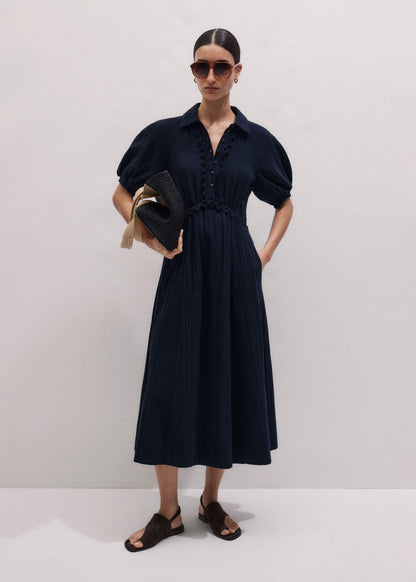 Navy Cheesecloth Intricate Detail Fit + Flare Midi Dress | ME+EM Clothing