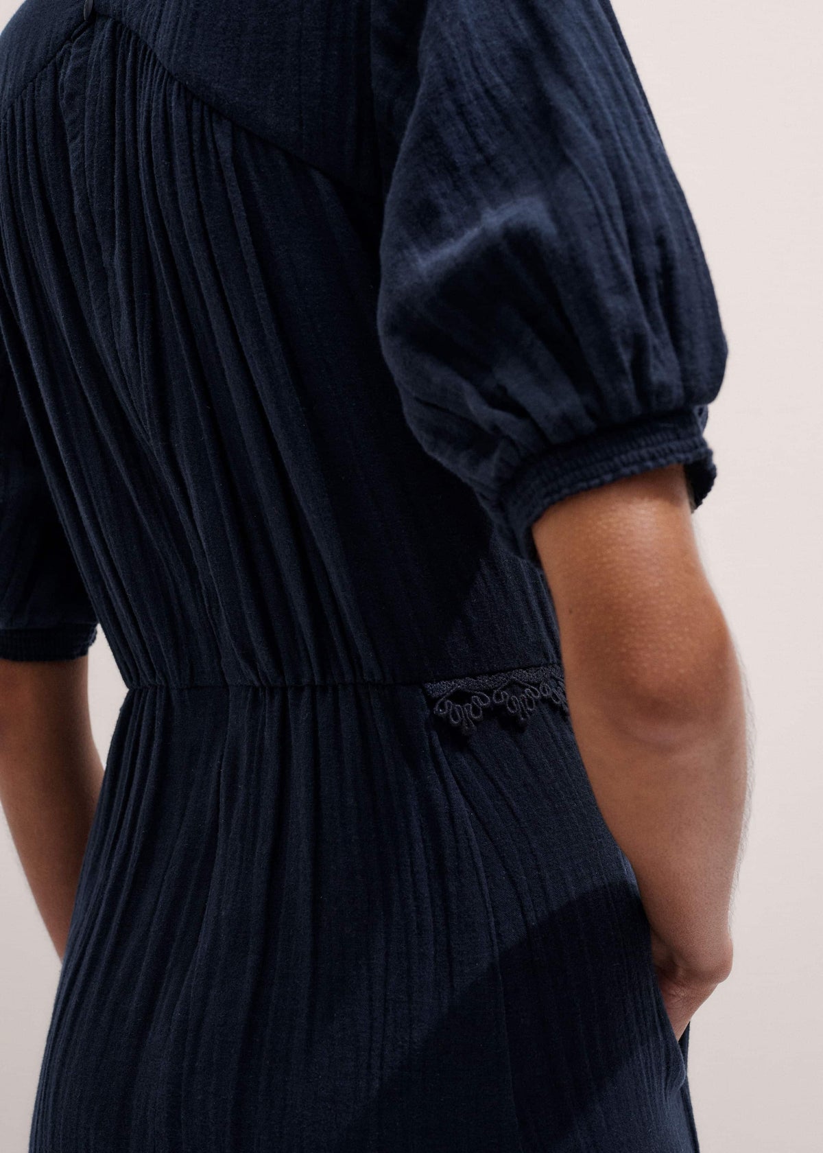 Navy Cheesecloth Intricate Detail Fit + Flare Midi Dress | ME+EM Clothing